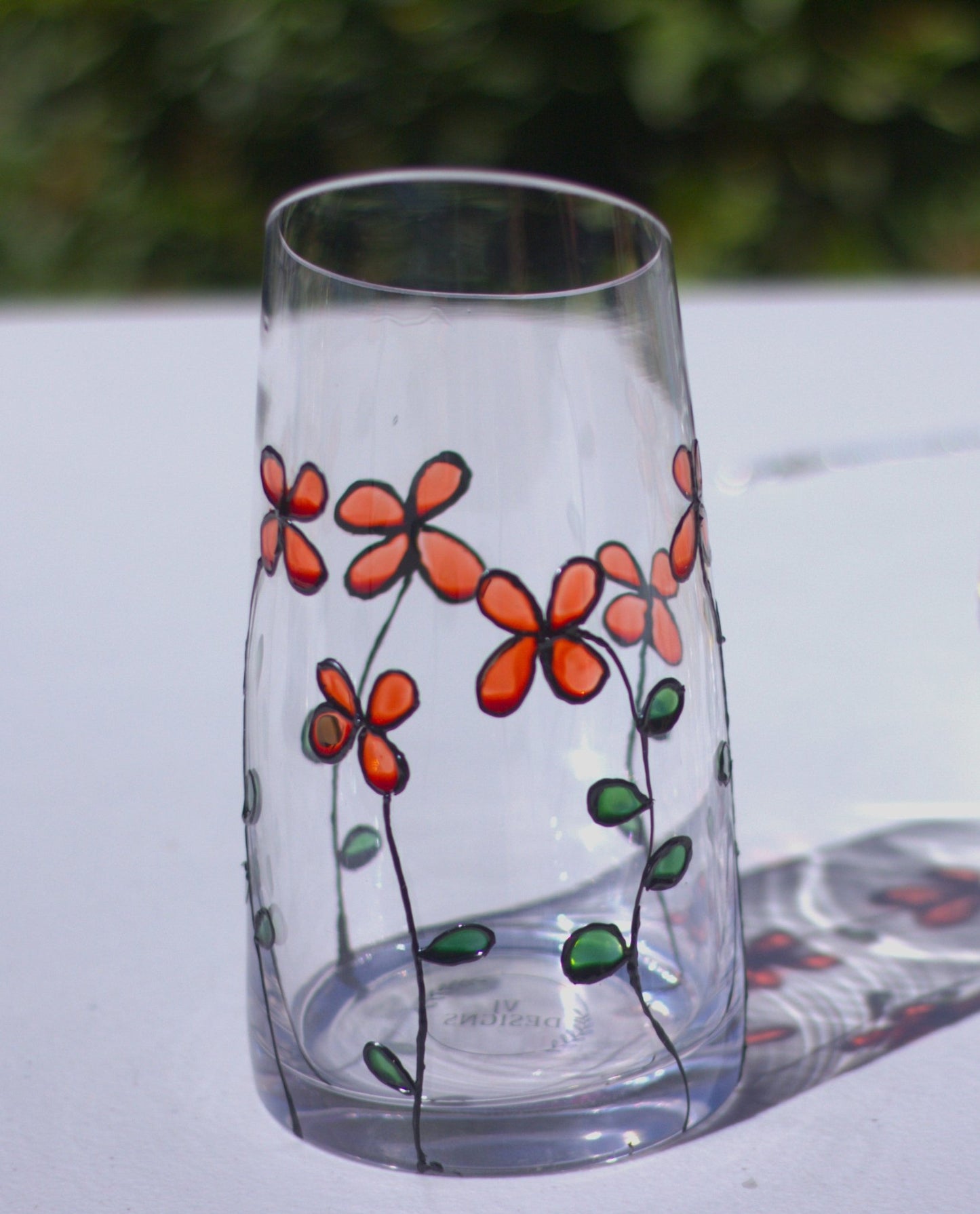 Personalised hand-painted glass vase with red flowers - VJ Designs