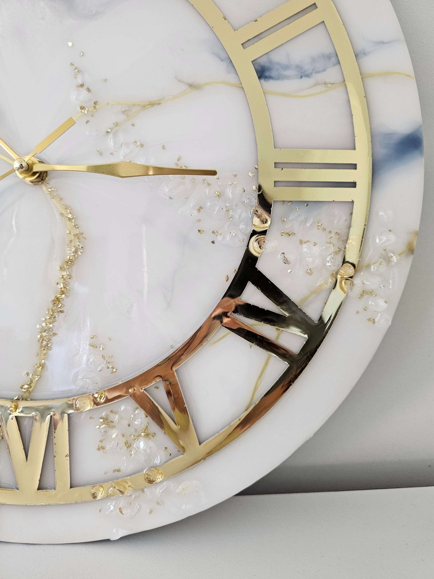 White and gold marble effect hand-crafted resin wall clock, with round golden ring - Wall clocks - VJ Designs