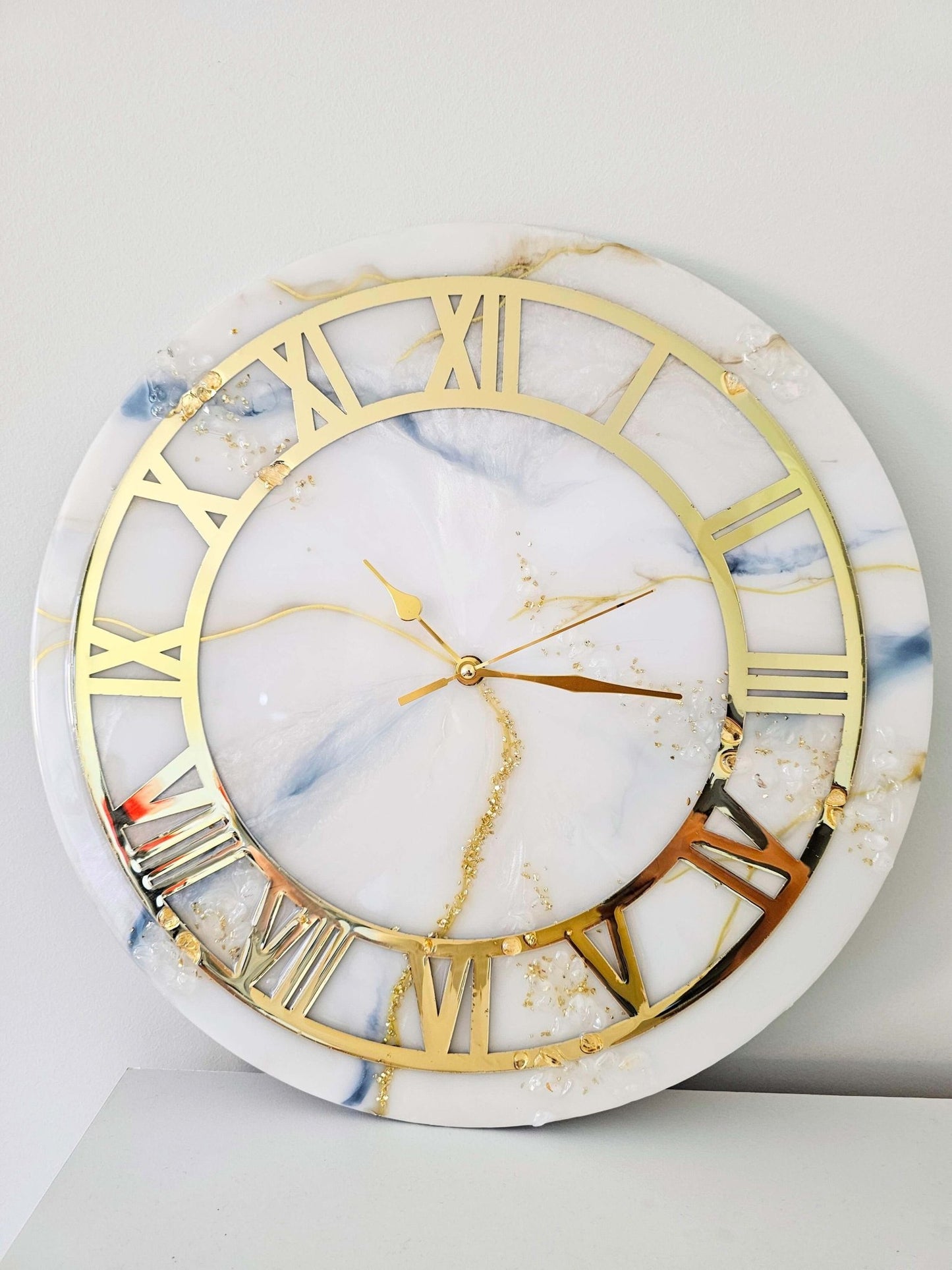 White and gold marble effect hand-crafted resin wall clock, with round golden ring - Wall clocks - VJ Designs