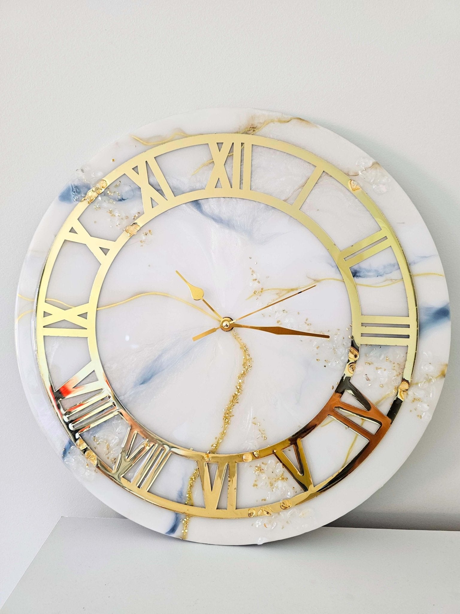 White and gold marble effect hand-crafted resin wall clock, with round golden ring - Wall clocks - VJ Designs