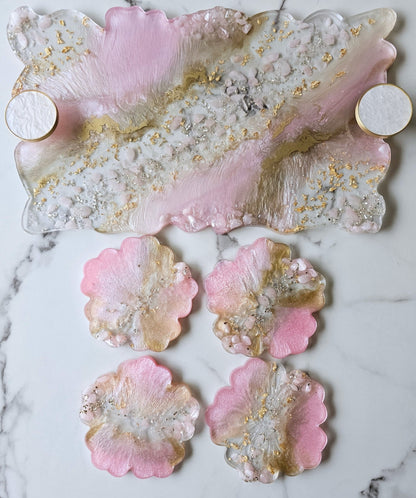 Personalised Baby Pink Resin Serving Tray & Coaster Set | Handmade Gift Australia - serving tray set - VJ Designs