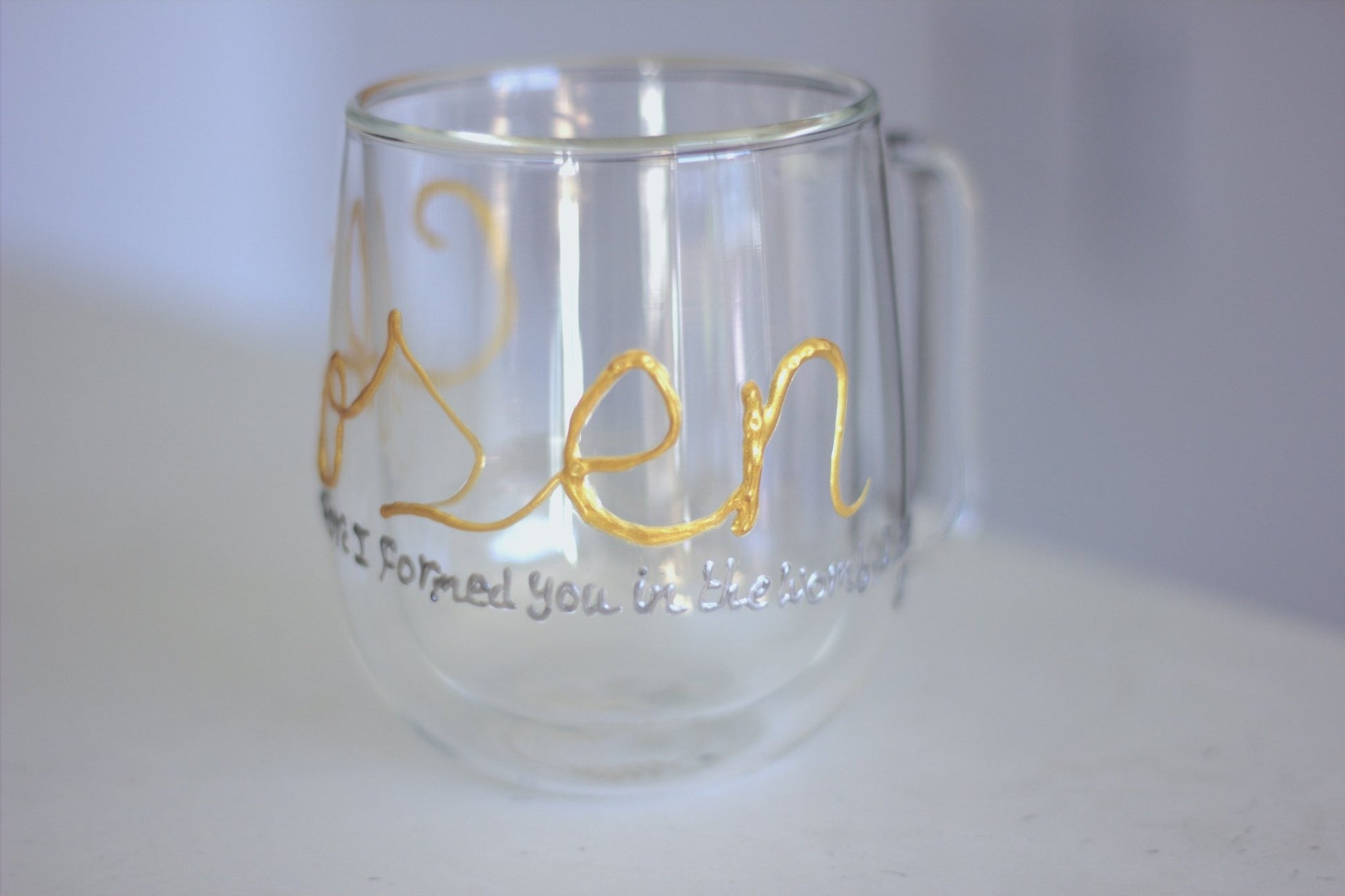 Chosen personalised hand-painted double wall glass mugs - VJ Designs
