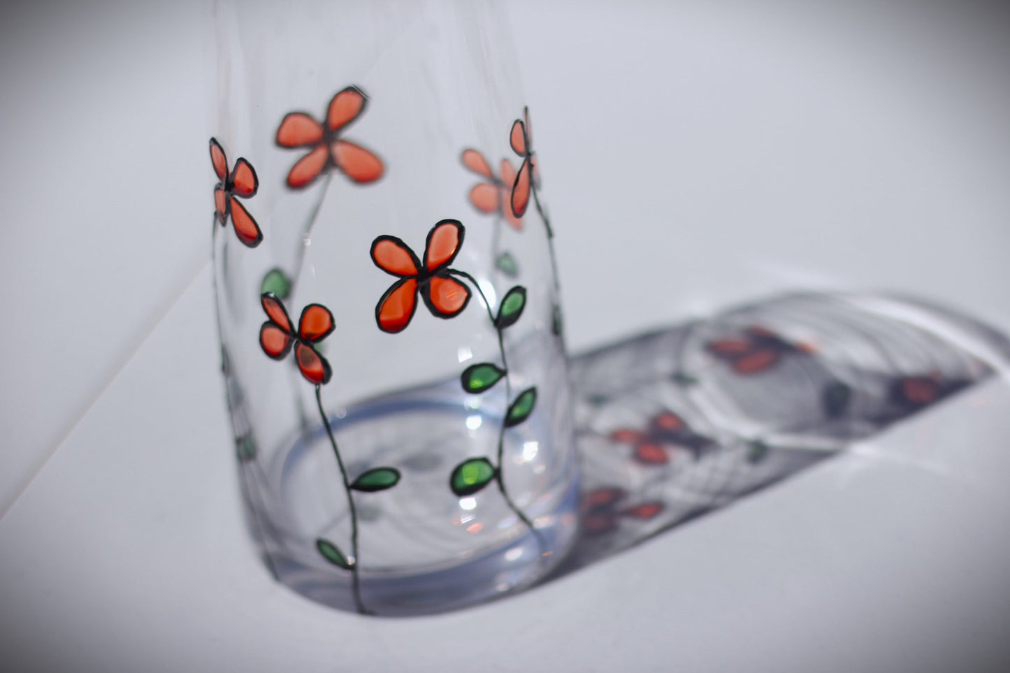 Personalised hand-painted glass vase with red flowers - VJ Designs