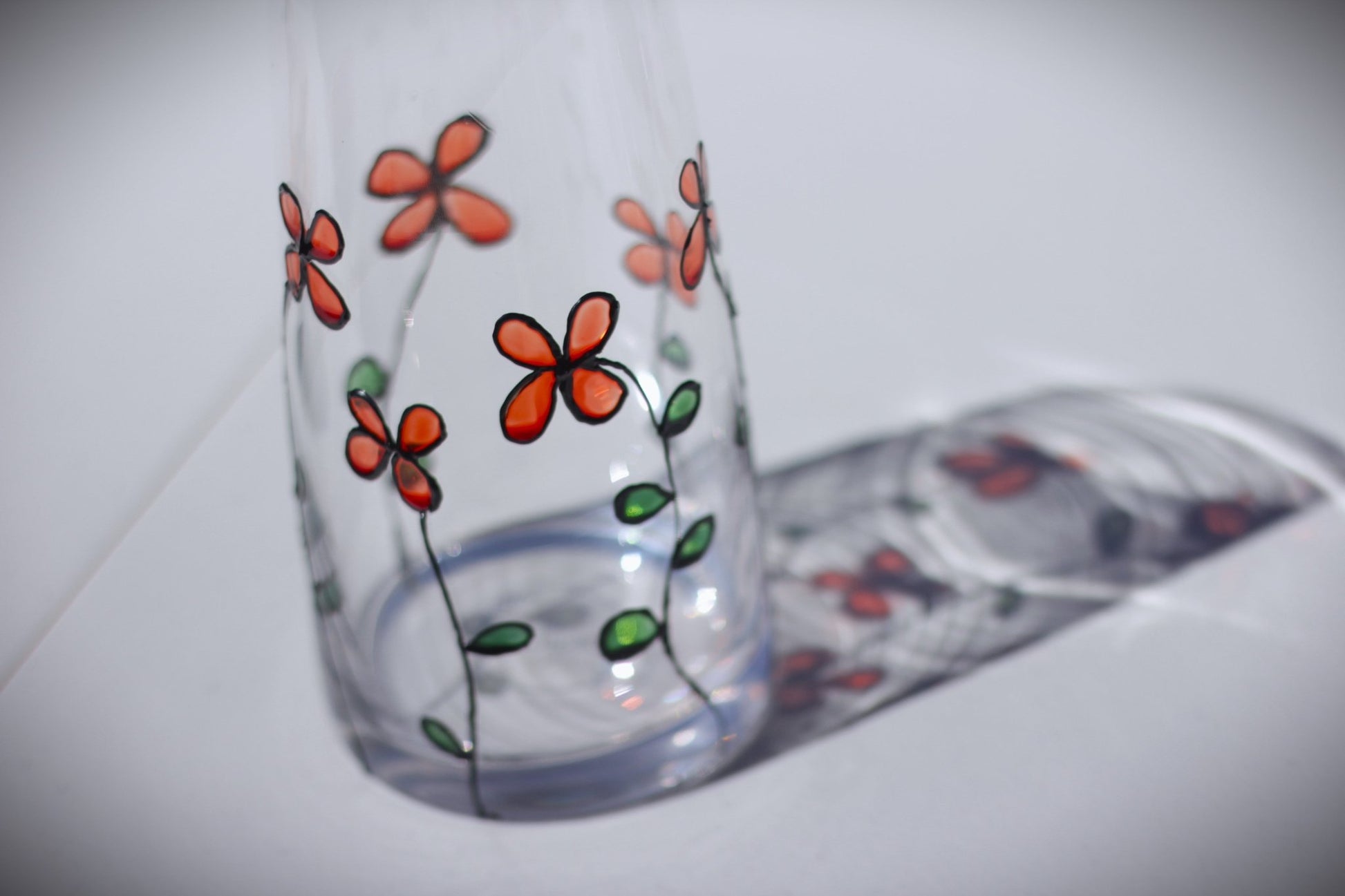 Personalised hand-painted glass vase with red flowers - VJ Designs