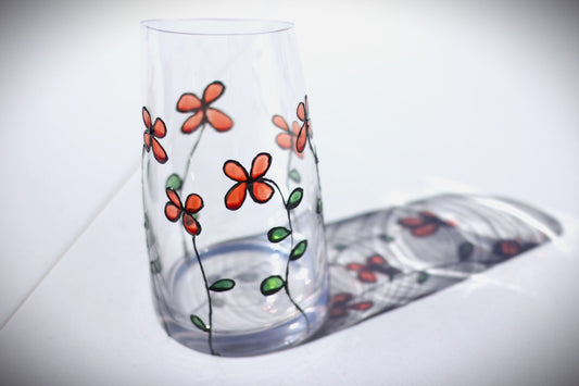Personalised hand-painted glass vase with red flowers - VJ Designs