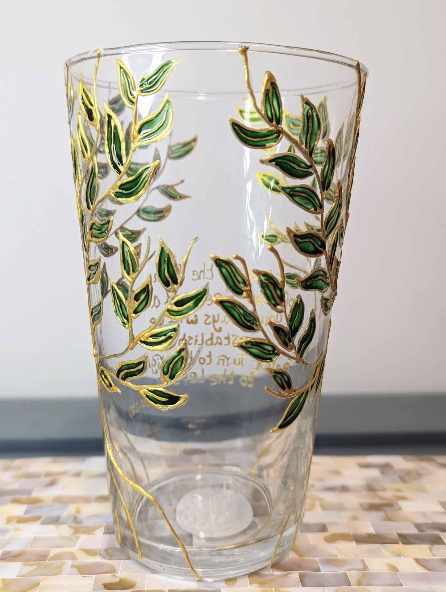 Personalised hand-painted glass vase with green and gold leaves - VJ Designs