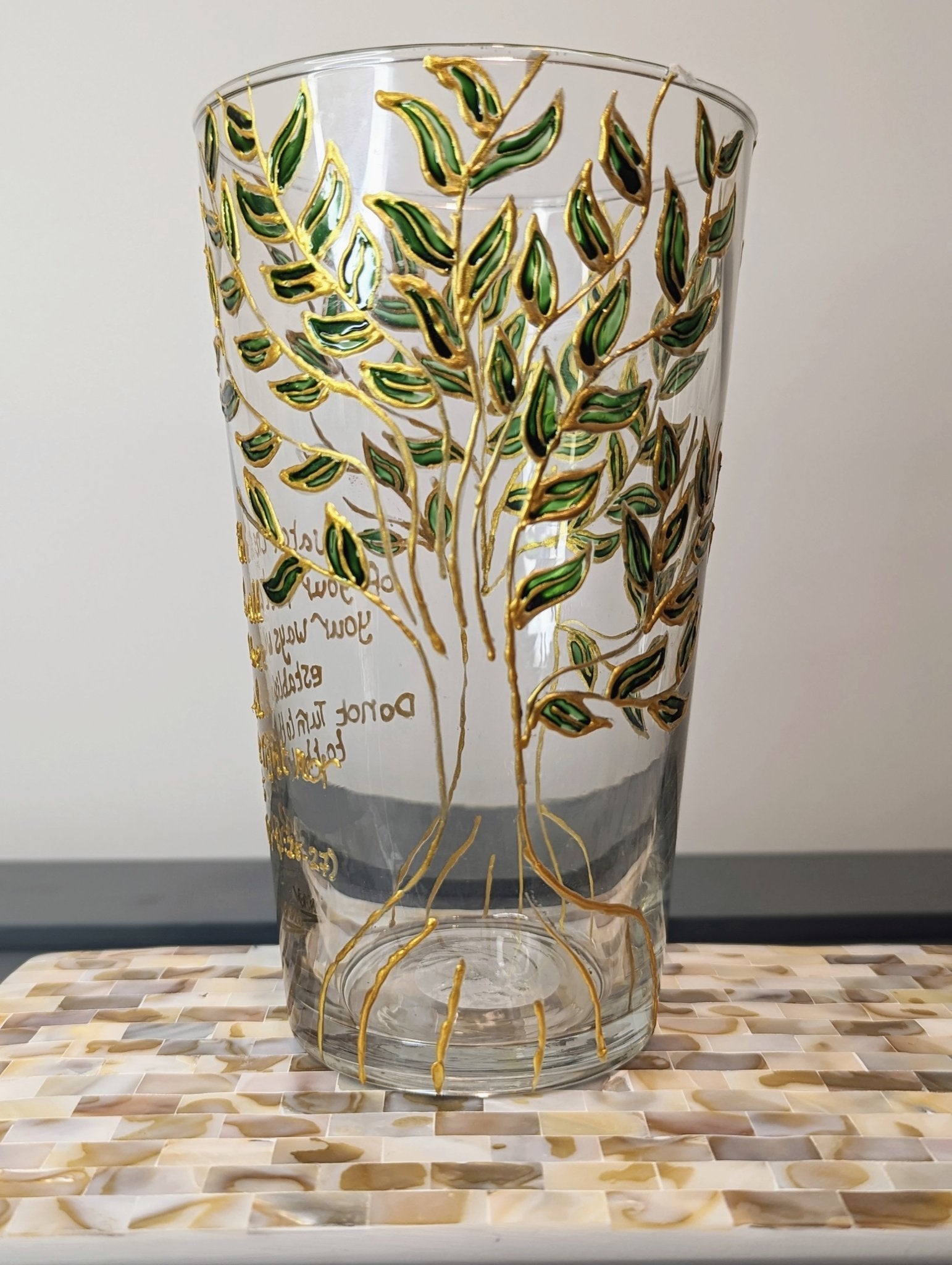 Personalised hand-painted glass vase with green and gold leaves - VJ Designs