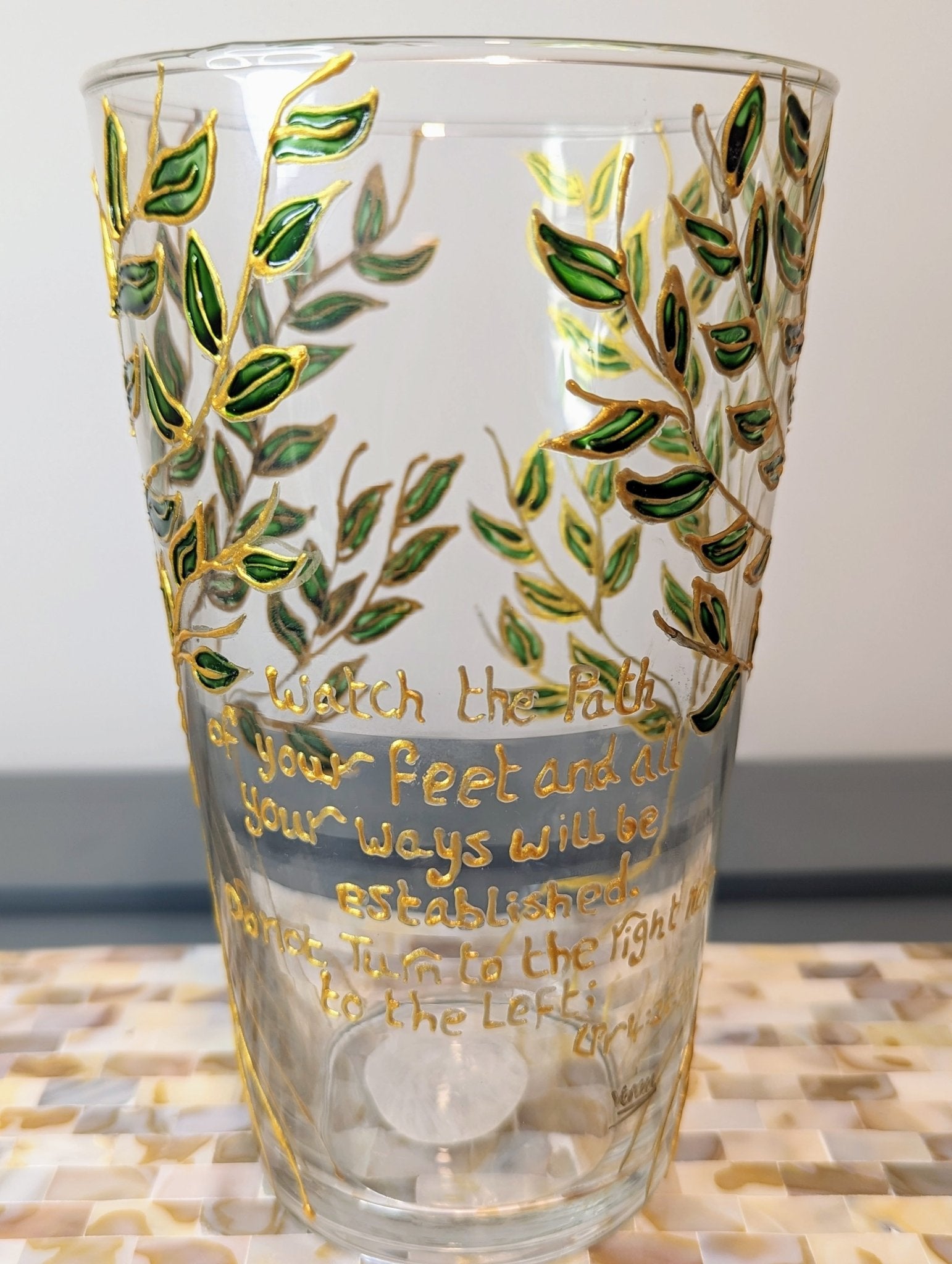 Personalised hand-painted glass vase with green and gold leaves - VJ Designs