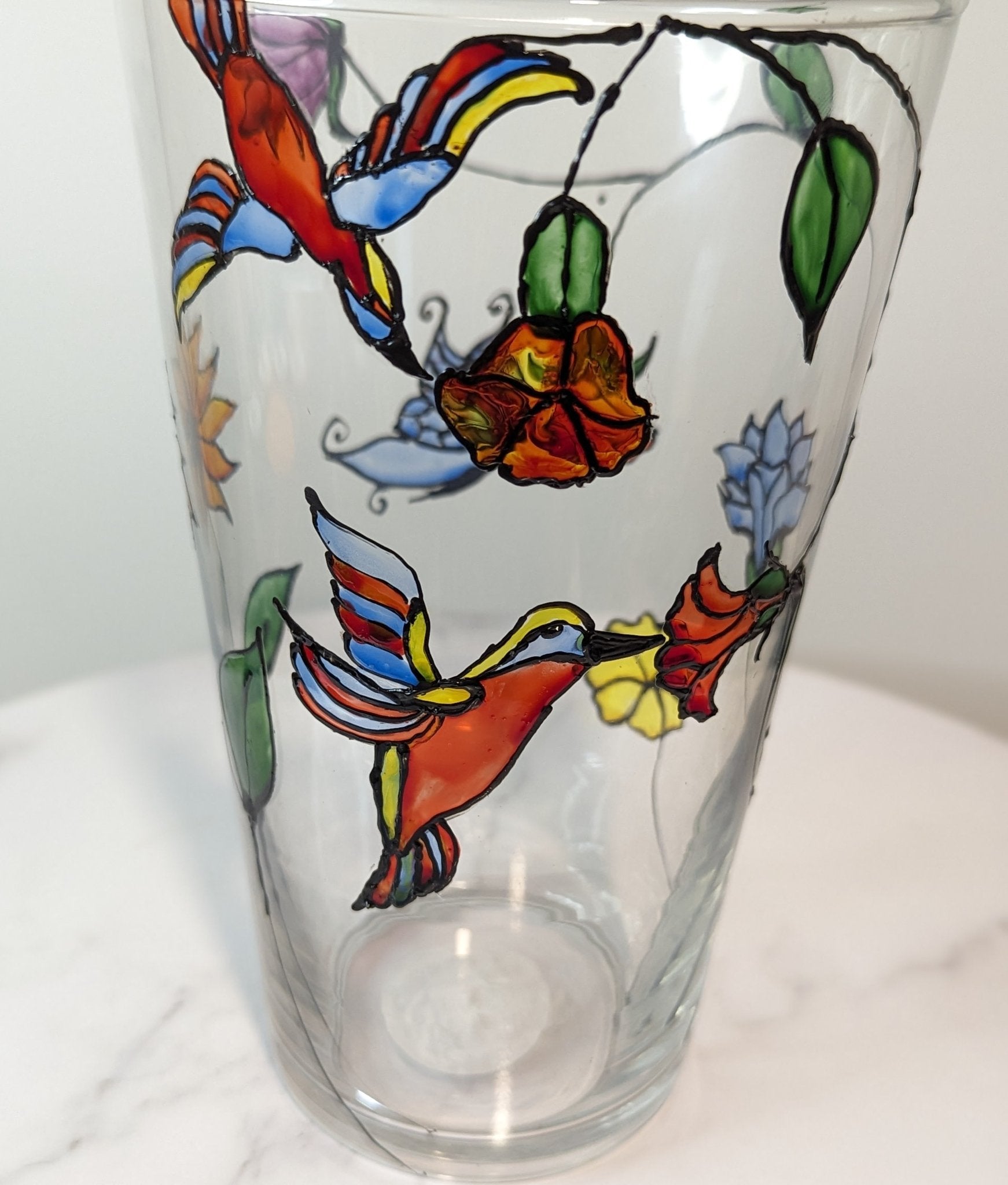 Personalised hand-painted glass vase with colourful parrots, flowers and butterflies. - VJ Designs
