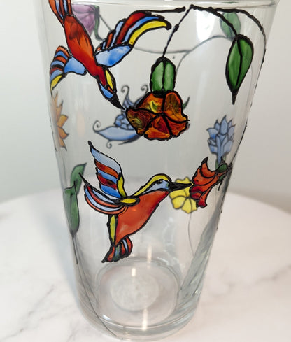 Personalised hand-painted glass vase with colourful parrots, flowers and butterflies. - VJ Designs