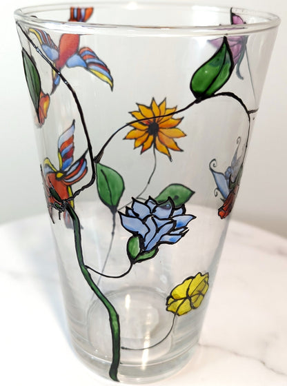 Personalised hand-painted glass vase with colourful parrots, flowers and butterflies. - VJ Designs