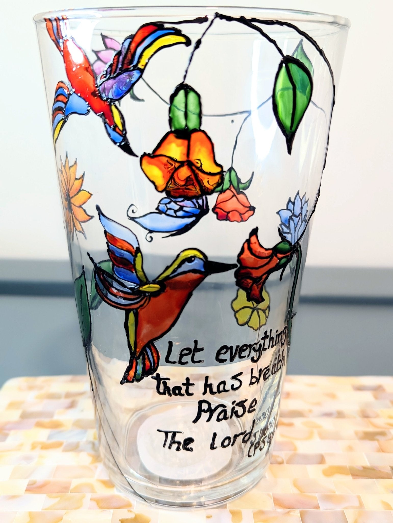 Personalised hand-painted glass vase with colourful parrots, flowers and butterflies. - VJ Designs