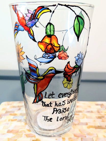 Personalised hand-painted glass vase with colourful parrots, flowers and butterflies. - VJ Designs