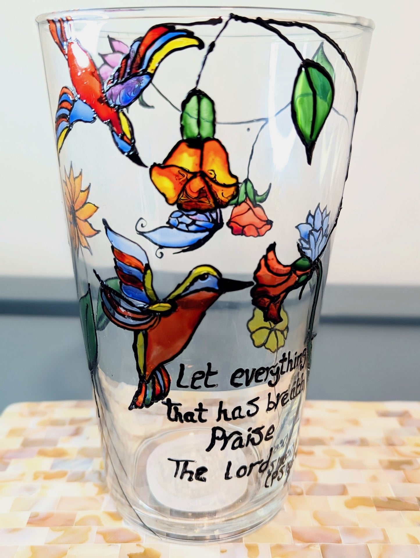 Personalised hand-painted glass vase with colourful parrots, flowers and butterflies. - VJ Designs