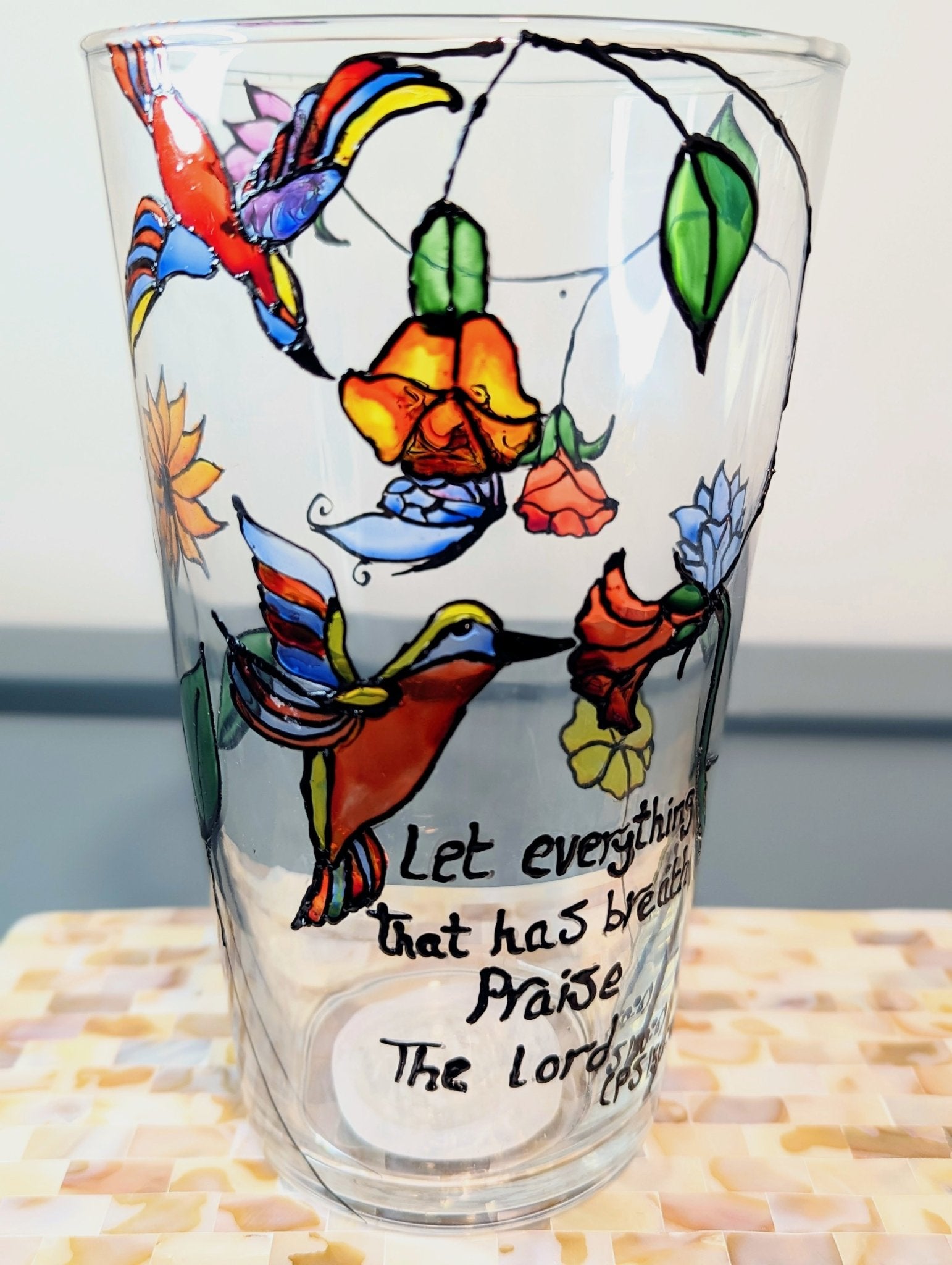 Personalised hand-painted glass vase with colourful parrots, flowers and butterflies. - VJ Designs