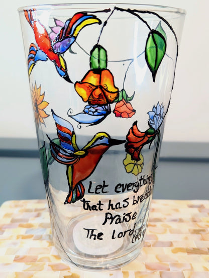 Personalised hand-painted glass vase with colourful parrots, flowers and butterflies. - VJ Designs