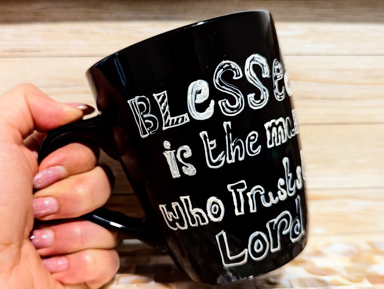 "Blessed is the man" hand-painted stoneware coffee mug - mugs - VJ Designs