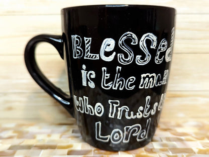 "Blessed is the man" hand-painted stoneware coffee mug - mugs - VJ Designs