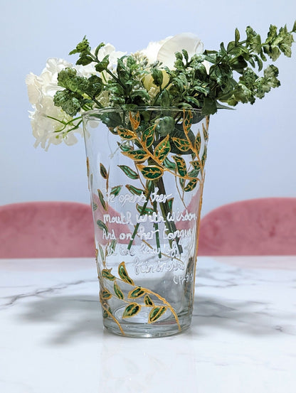Personalised hand-painted glass vase with green and gold leaves - VJ Designs