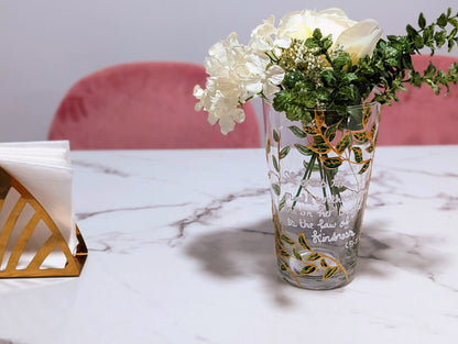 Personalised hand-painted glass vase with green and gold leaves - VJ Designs