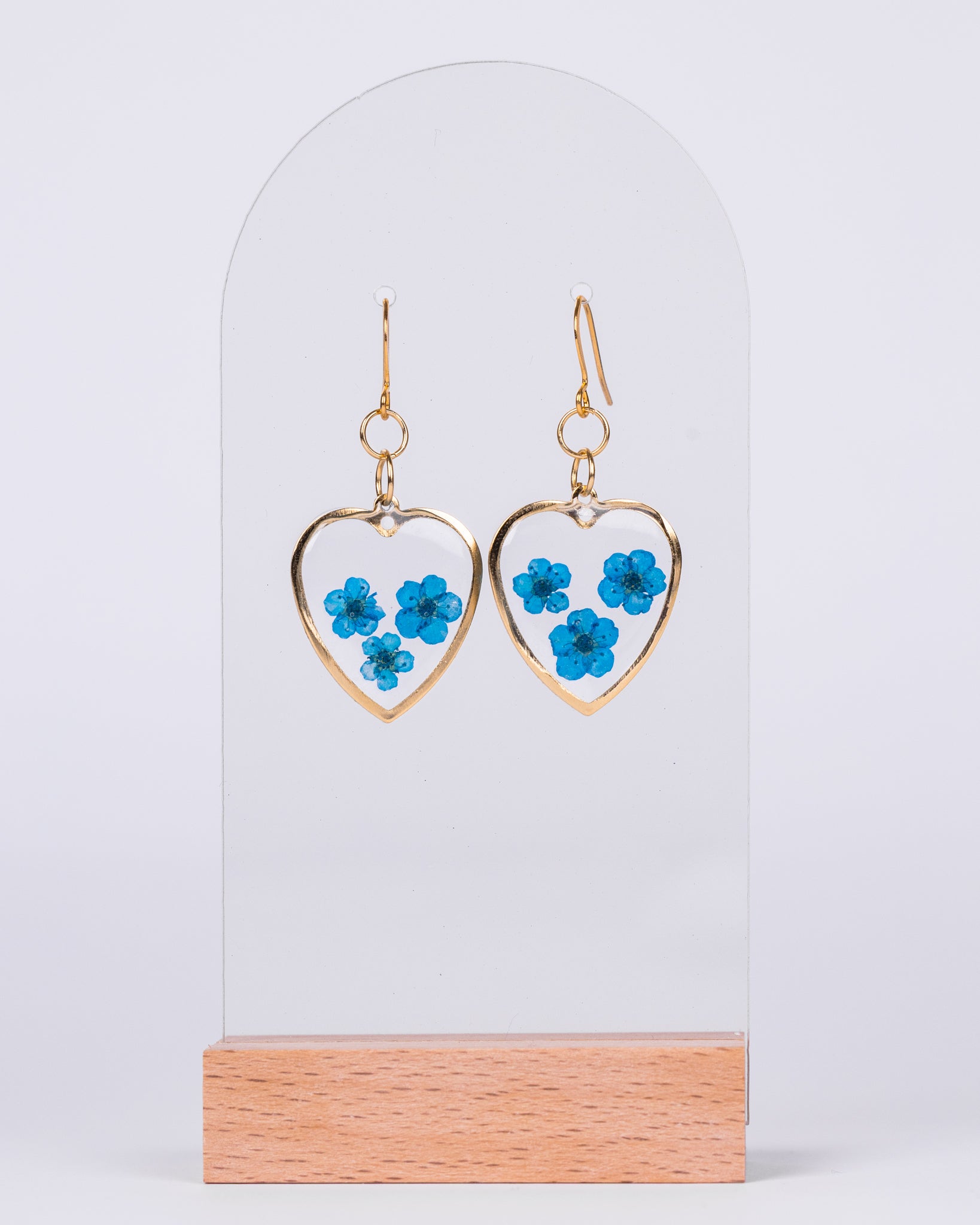 Handmade gold-plated clear heart-shaped jewellery set with blue flowers - Earrings - VJ Designs
