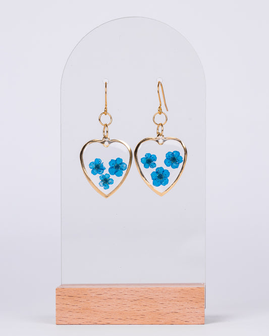 Handmade gold-plated clear heart-shaped jewellery set with blue flowers - Earrings - VJ Designs