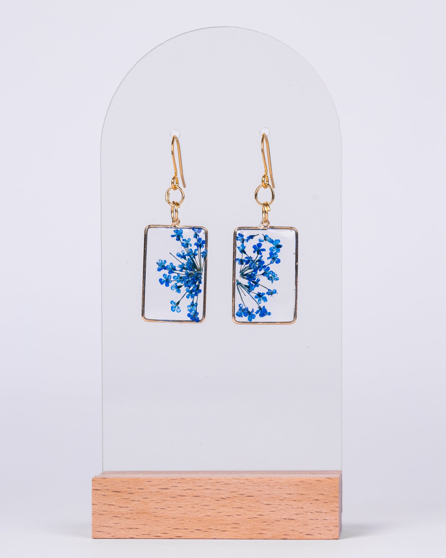Handmade gold-plated clear square earrings with blue flowers - Earrings - VJ Designs