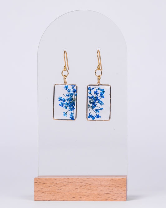 Handmade gold-plated clear square earrings with blue flowers - Earrings - VJ Designs