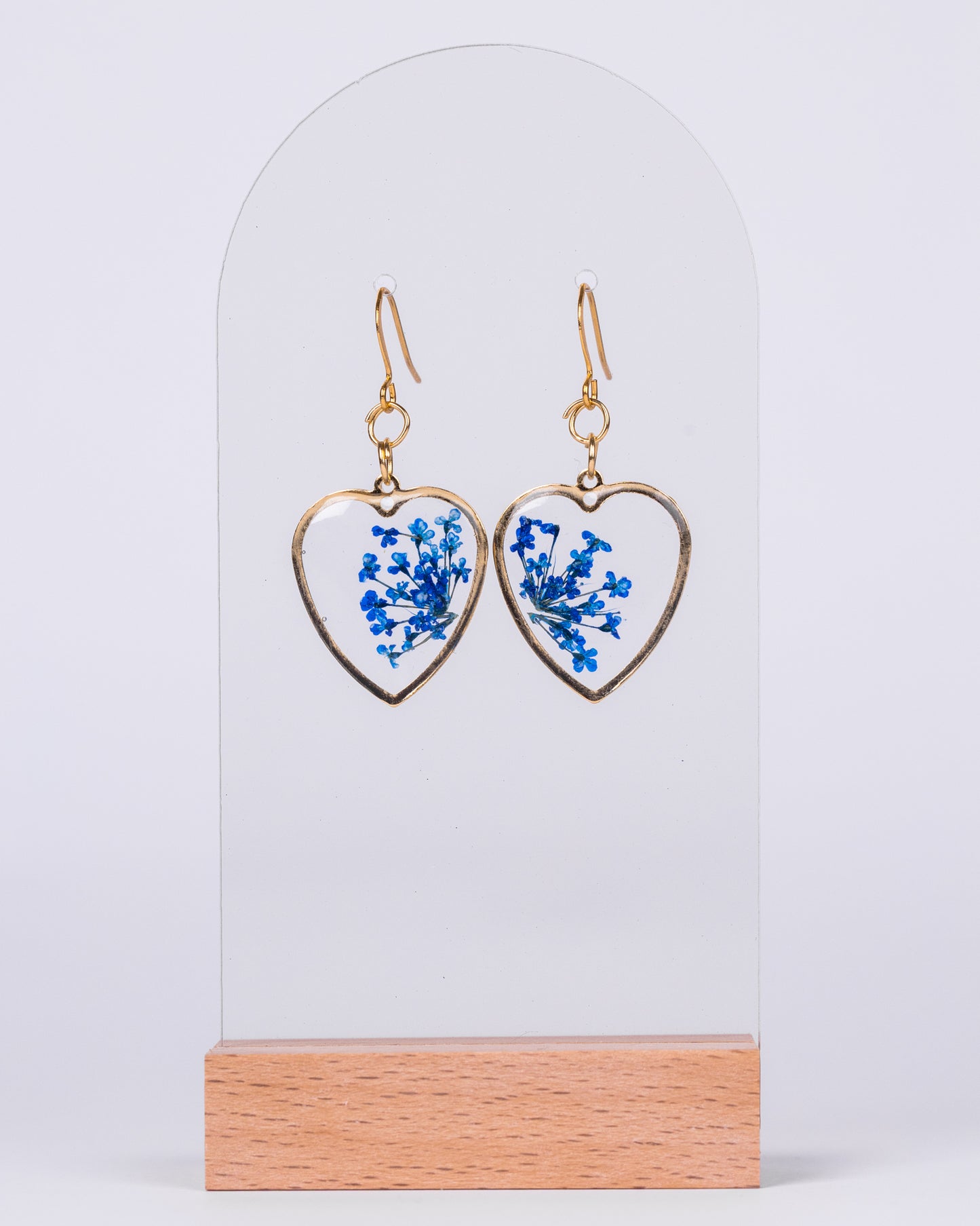 Handmade gold-plated clear heart-shaped earrings with blue flowers - Earrings - VJ Designs