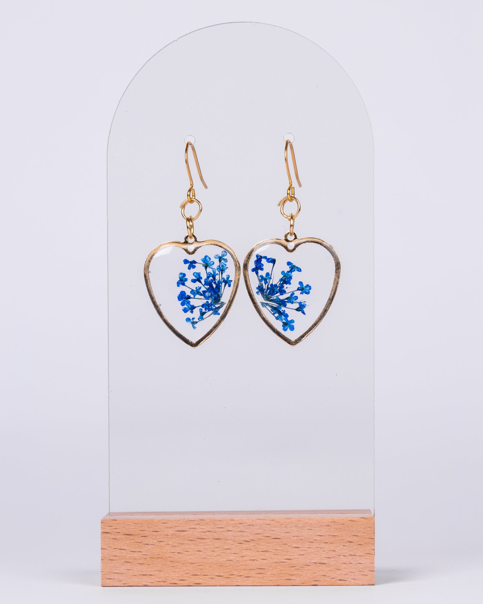 Handmade gold-plated clear heart-shaped earrings with blue flowers - Earrings - VJ Designs
