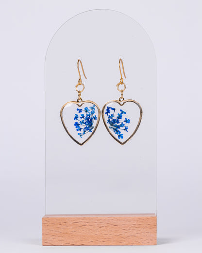 Handmade gold-plated clear heart-shaped earrings with blue flowers - Earrings - VJ Designs