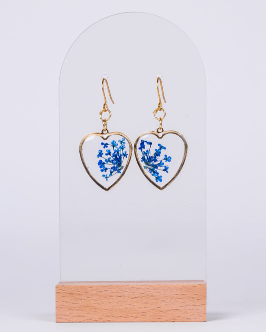 Handmade gold-plated clear heart-shaped earrings with blue flowers - Earrings - VJ Designs