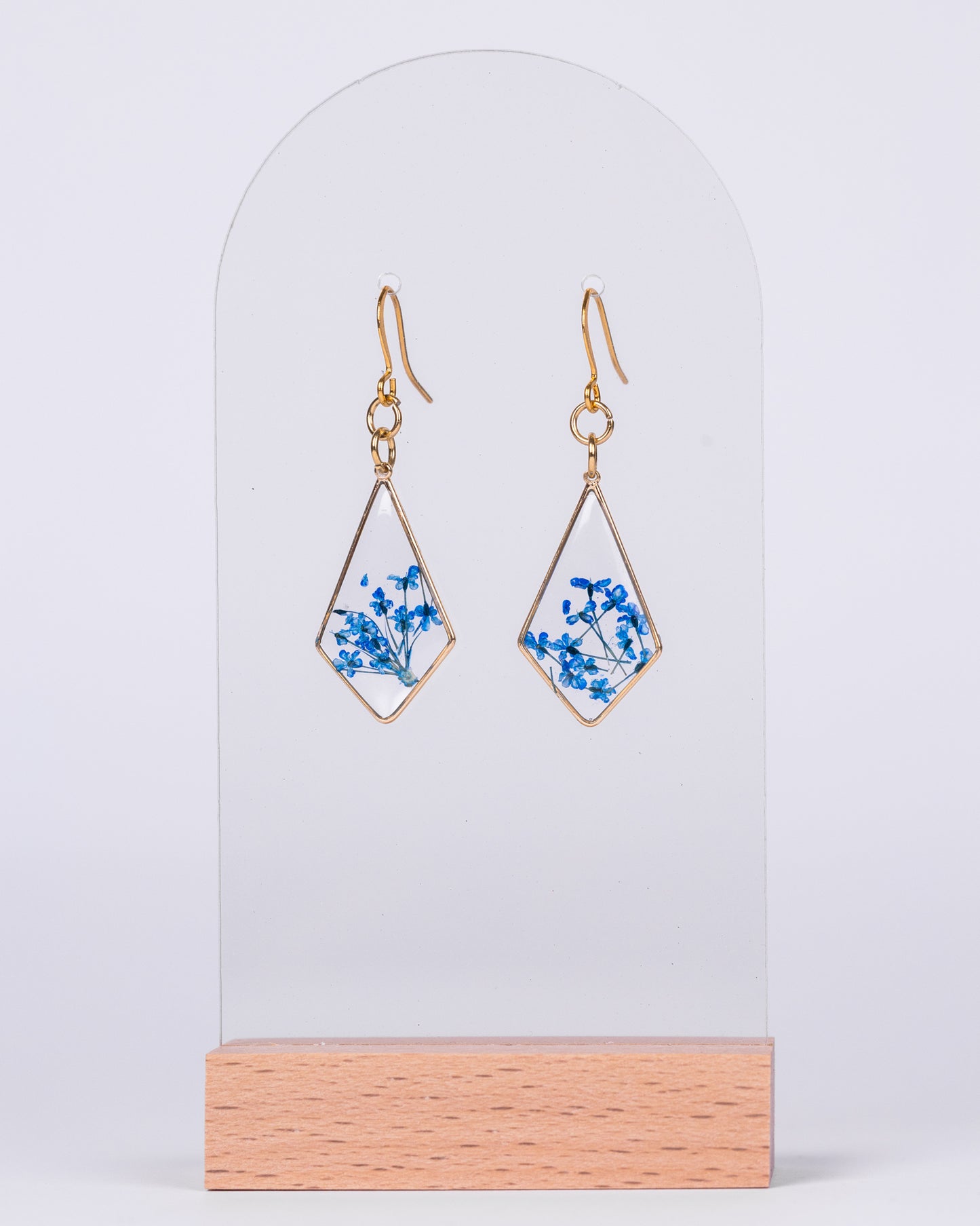 Handmade Gold-Plated Diamond-Shaped Earrings with Blue Flowers - Earrings - VJ Designs