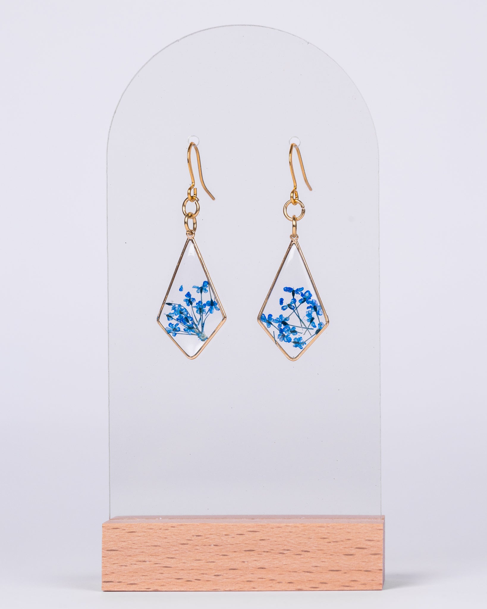 Handmade Gold-Plated Diamond-Shaped Earrings with Blue Flowers - Earrings - VJ Designs