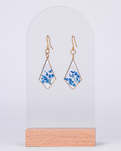 Handmade Gold-Plated Diamond-Shaped Earrings with Blue Flowers - Earrings - VJ Designs