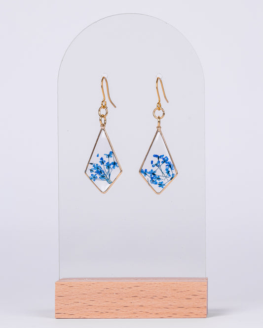 Handmade Gold-Plated Diamond-Shaped Earrings with Blue Flowers - Earrings - VJ Designs