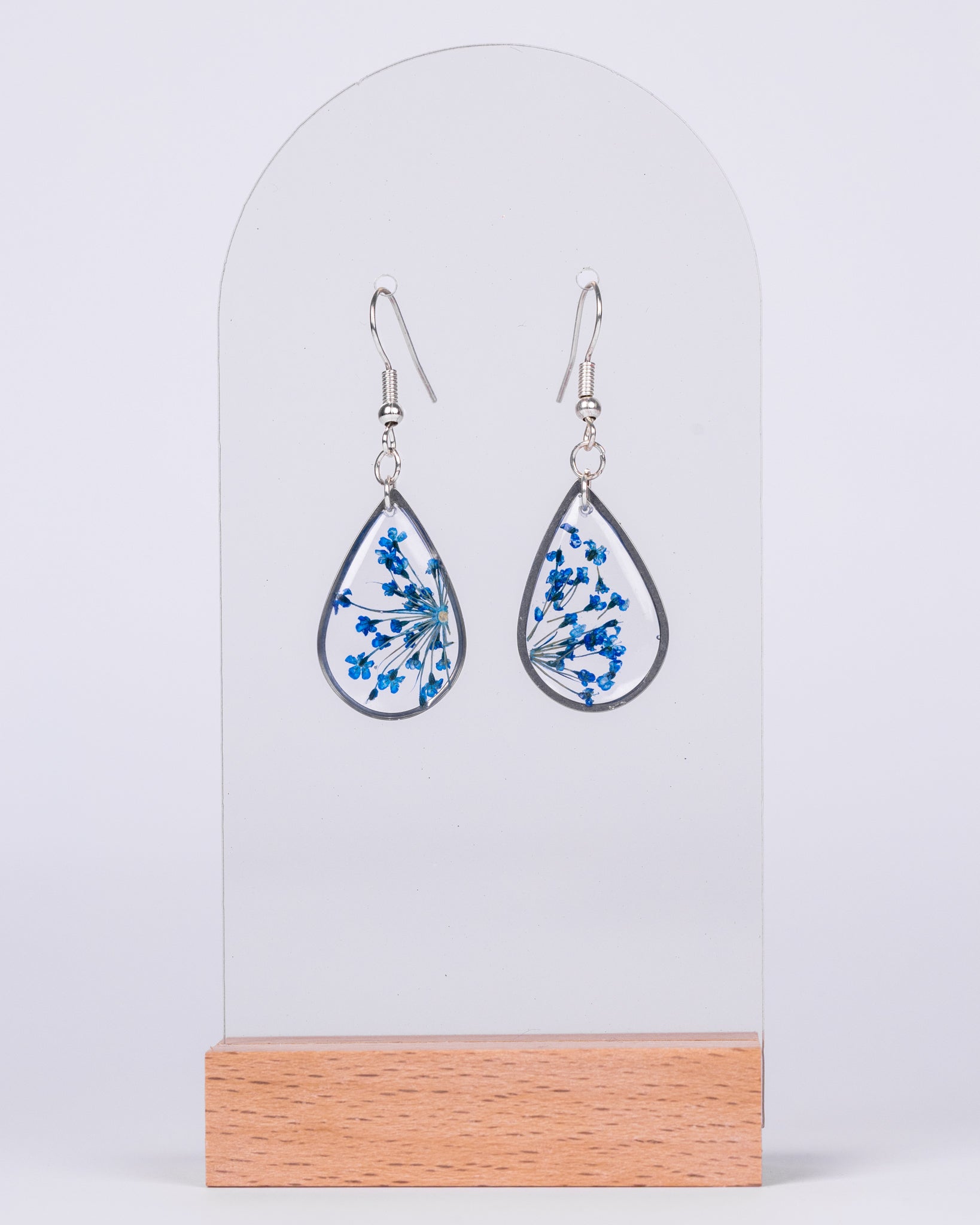 Handmade stainless steel teardrop earrings with blue dried flowers - Earrings - VJ Designs