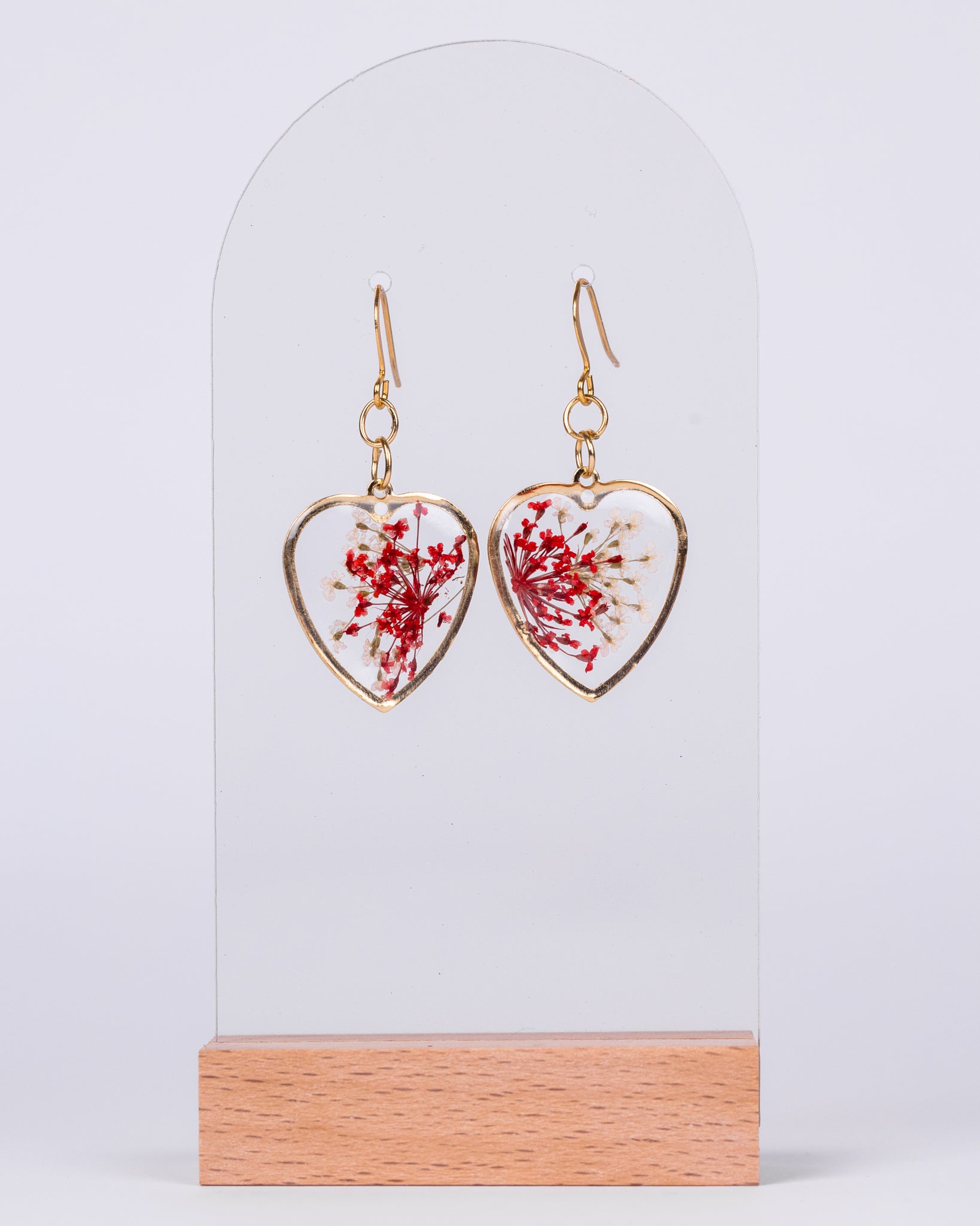 Handmade gold-plated clear heart-shaped earrings with red flowers - Earrings - VJ Designs
