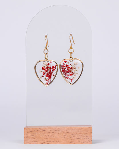 Handmade gold-plated clear heart-shaped earrings with red flowers - Earrings - VJ Designs