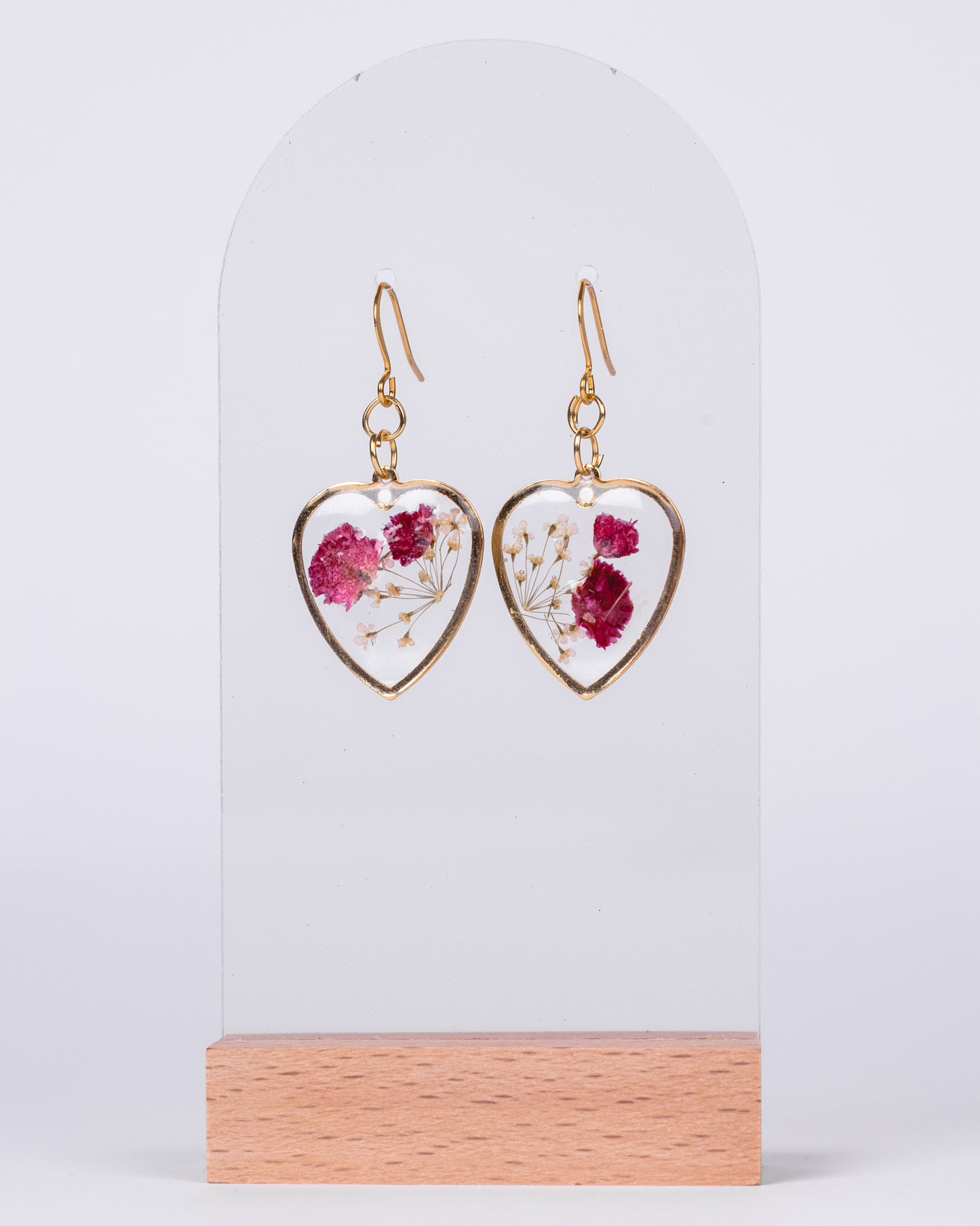 Handmade gold-plated clear heart-shaped earrings with a burgundy flower - Earrings - VJ Designs