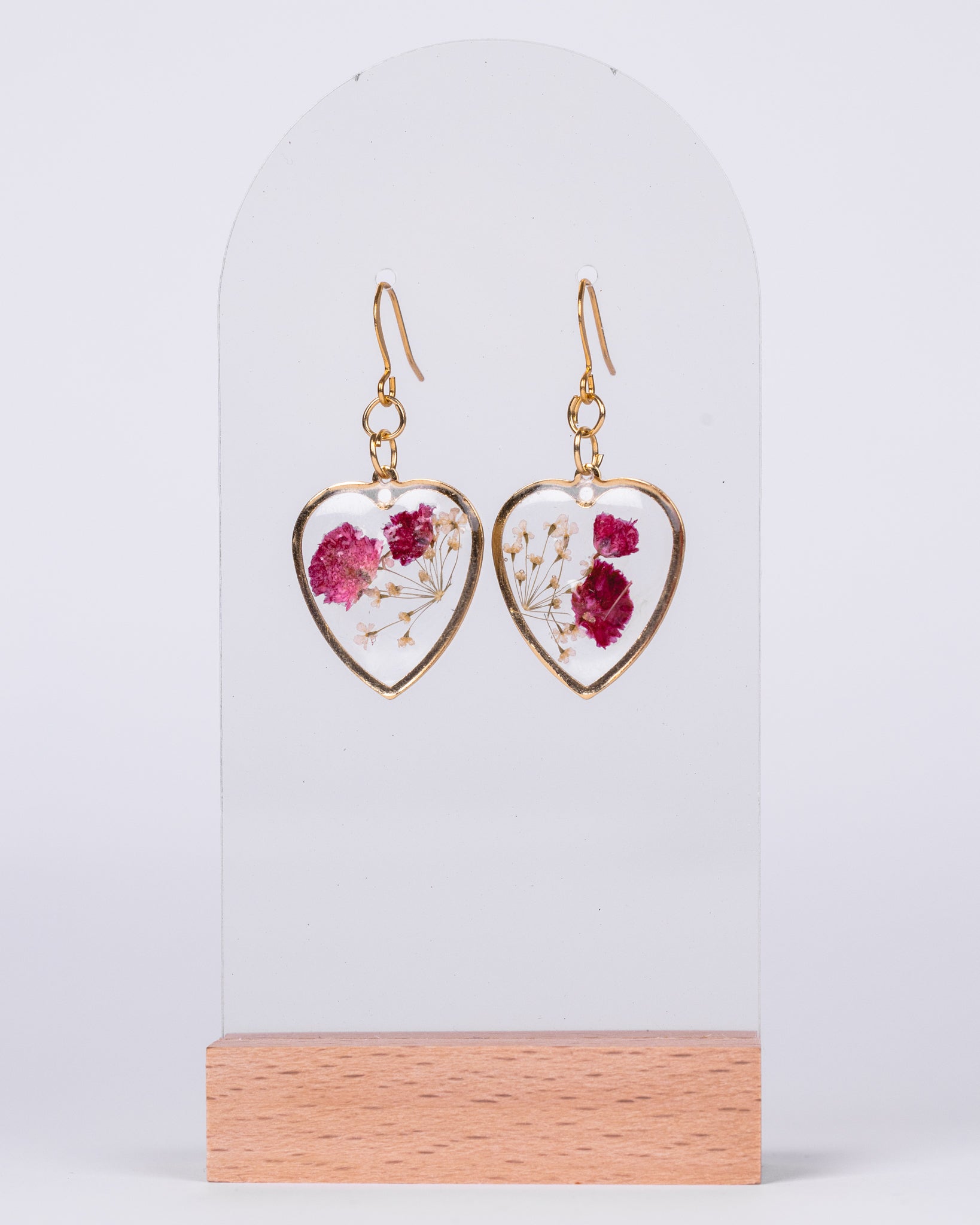 Handmade gold-plated clear heart-shaped earrings with a burgundy flower - Earrings - VJ Designs