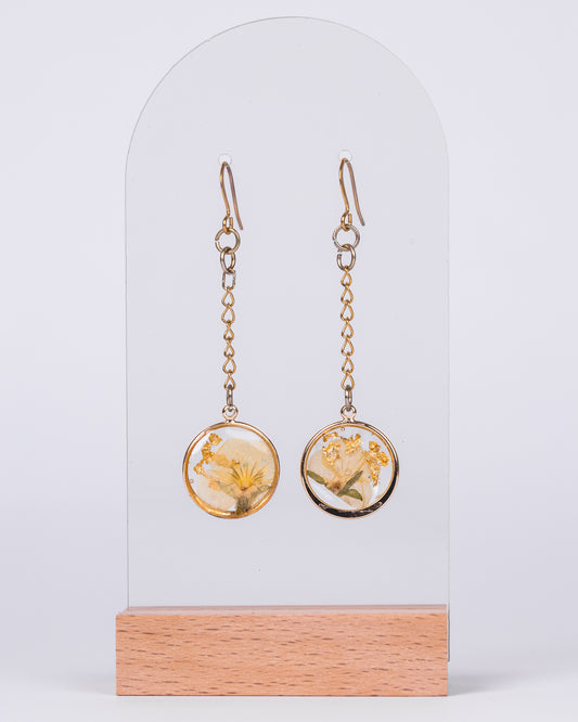 Gold-plated long dangle earrings with genuine yellow flowers - Earrings - VJ Designs