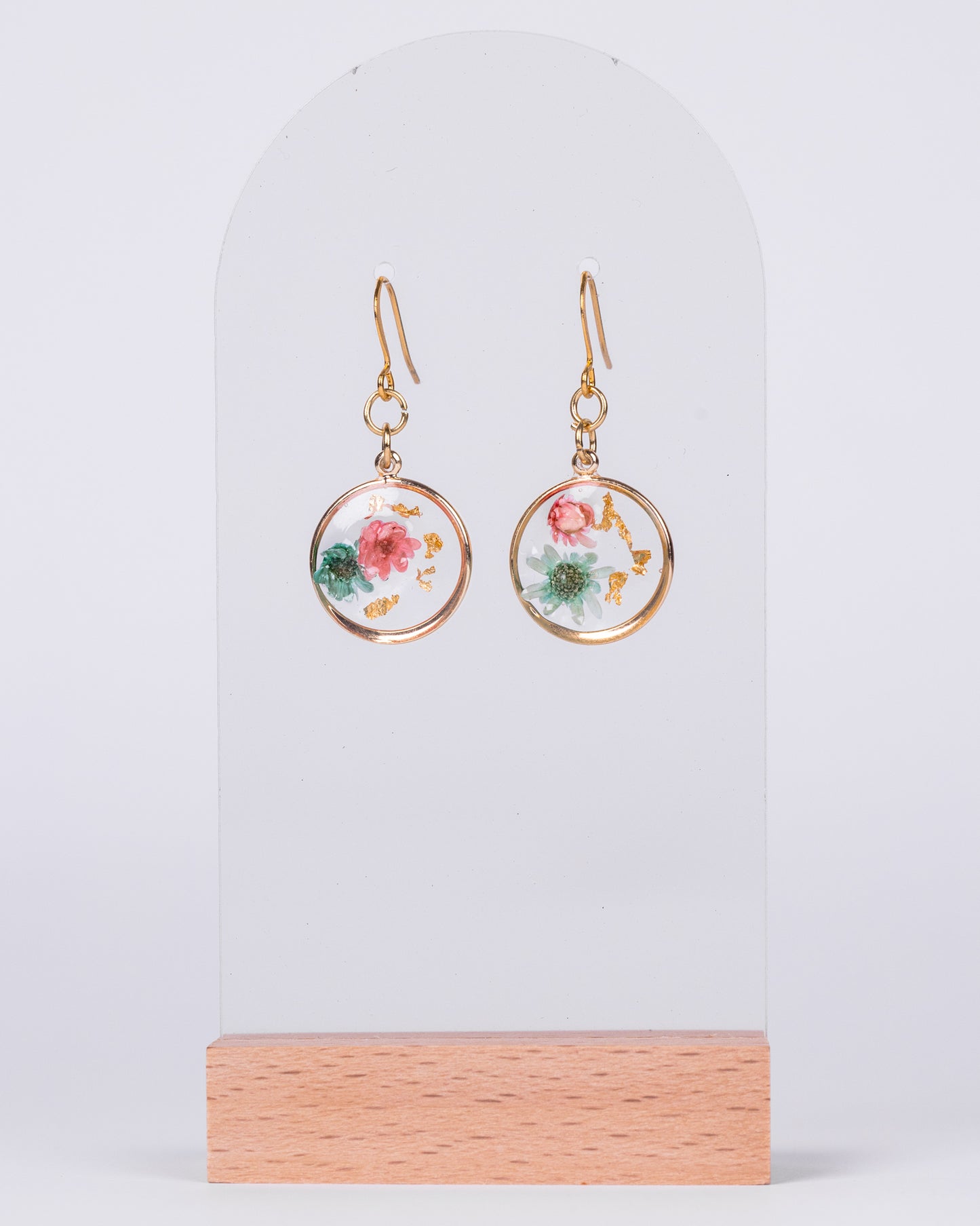 Handmade Gold-Plated Floral Earrings with Pink & Mint Flowers - Earrings - VJ Designs