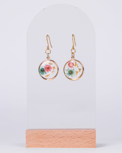 Handmade Gold-Plated Floral Earrings with Pink & Mint Flowers - Earrings - VJ Designs