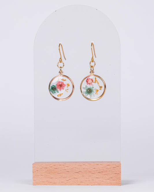 Handmade Gold-Plated Floral Earrings with Pink & Mint Flowers - Earrings - VJ Designs