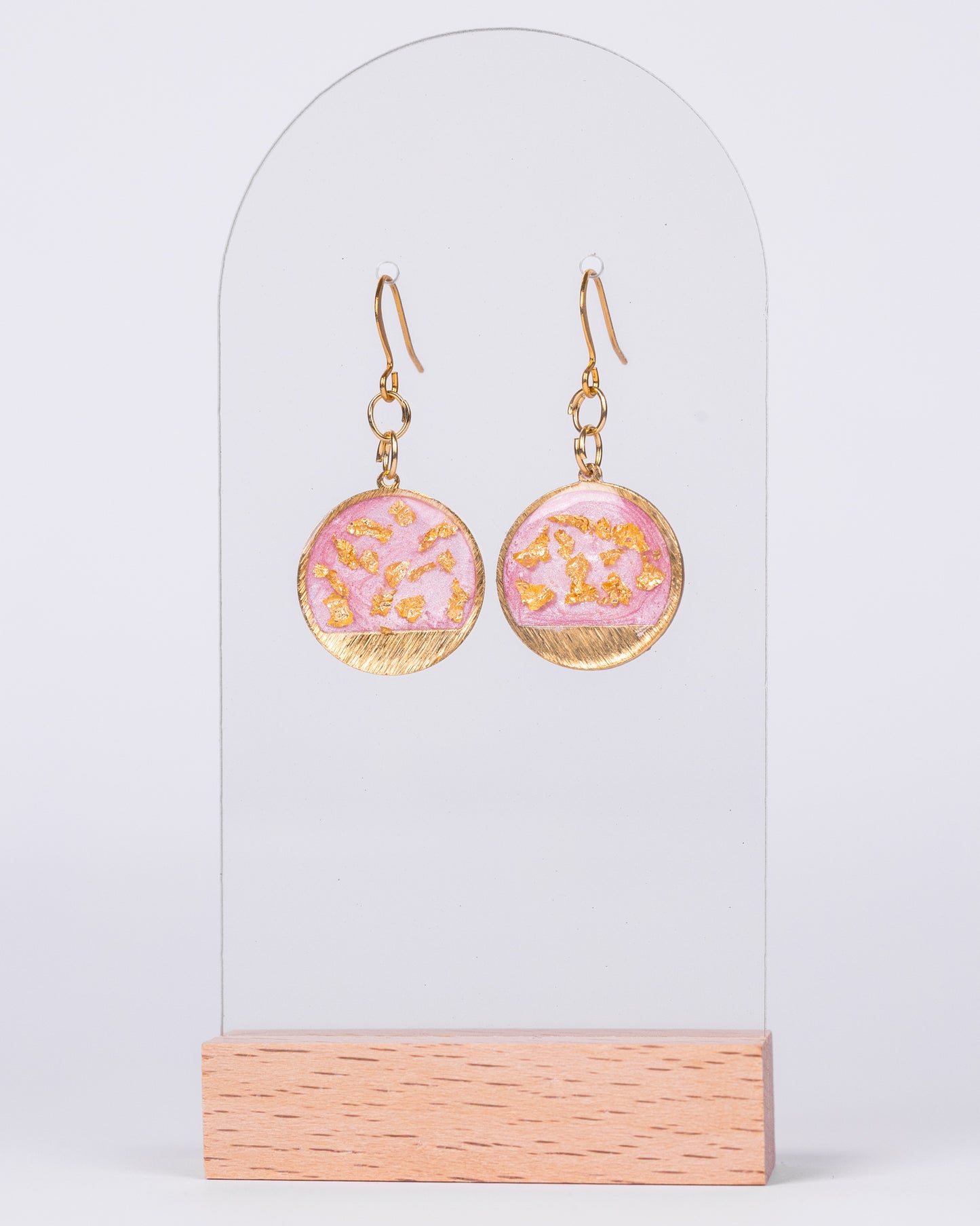 Handmade gold-plated pink round earrings with gold accents - Earrings - VJ Designs