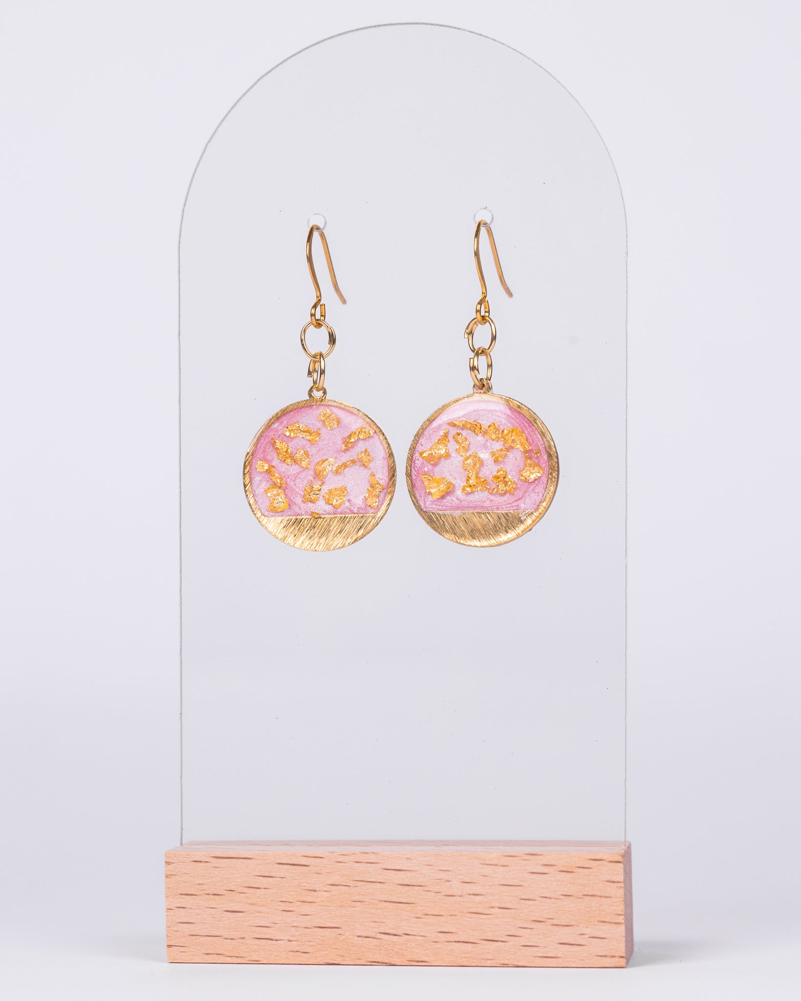 Handmade gold-plated pink round earrings with gold accents - Earrings - VJ Designs
