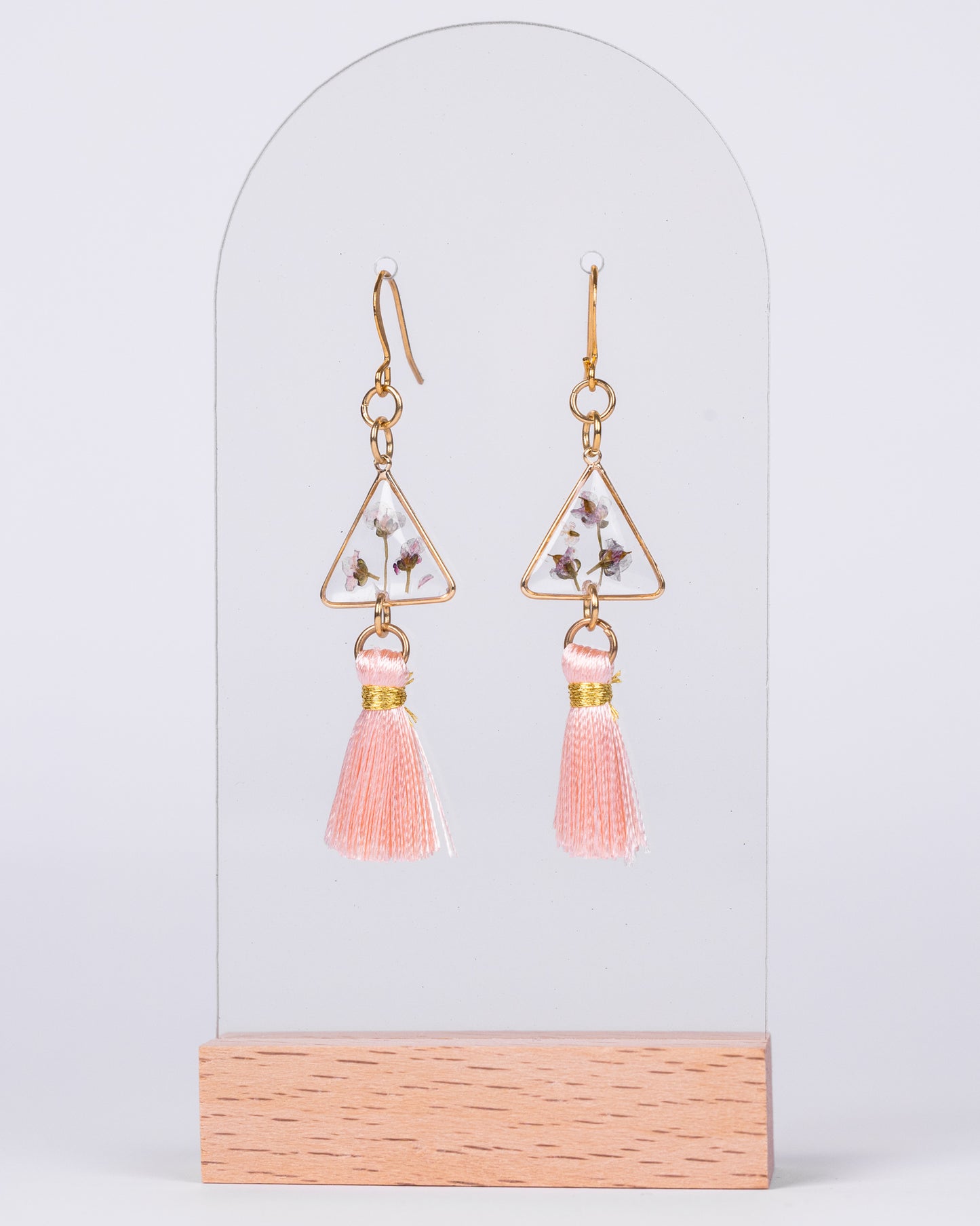 Handmade Gold-Plated Triangle Earrings with White Flowers & Pink Tassels - Earrings - VJ Designs