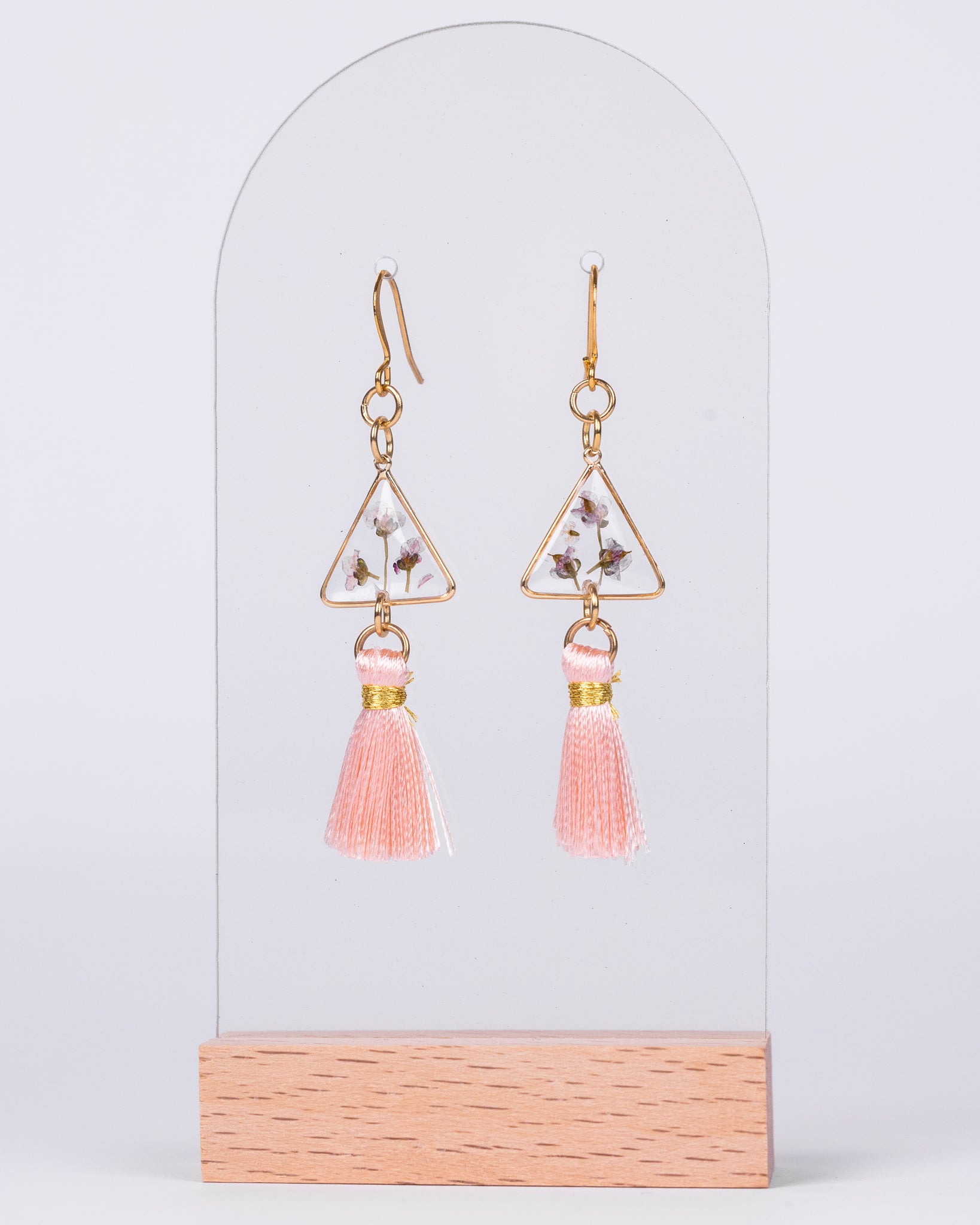 Handmade Gold-Plated Triangle Earrings with White Flowers & Pink Tassels - Earrings - VJ Designs