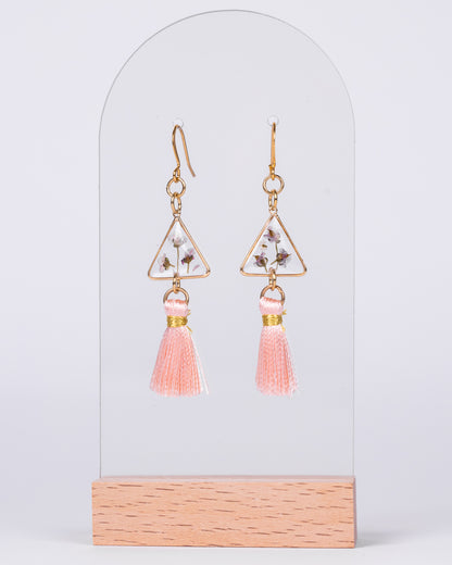Handmade Gold-Plated Triangle Earrings with White Flowers & Pink Tassels - Earrings - VJ Designs